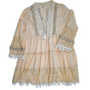 Festival Boho Lace Embroidered Tiered Peasant Dress Tassel Tie Natural XL